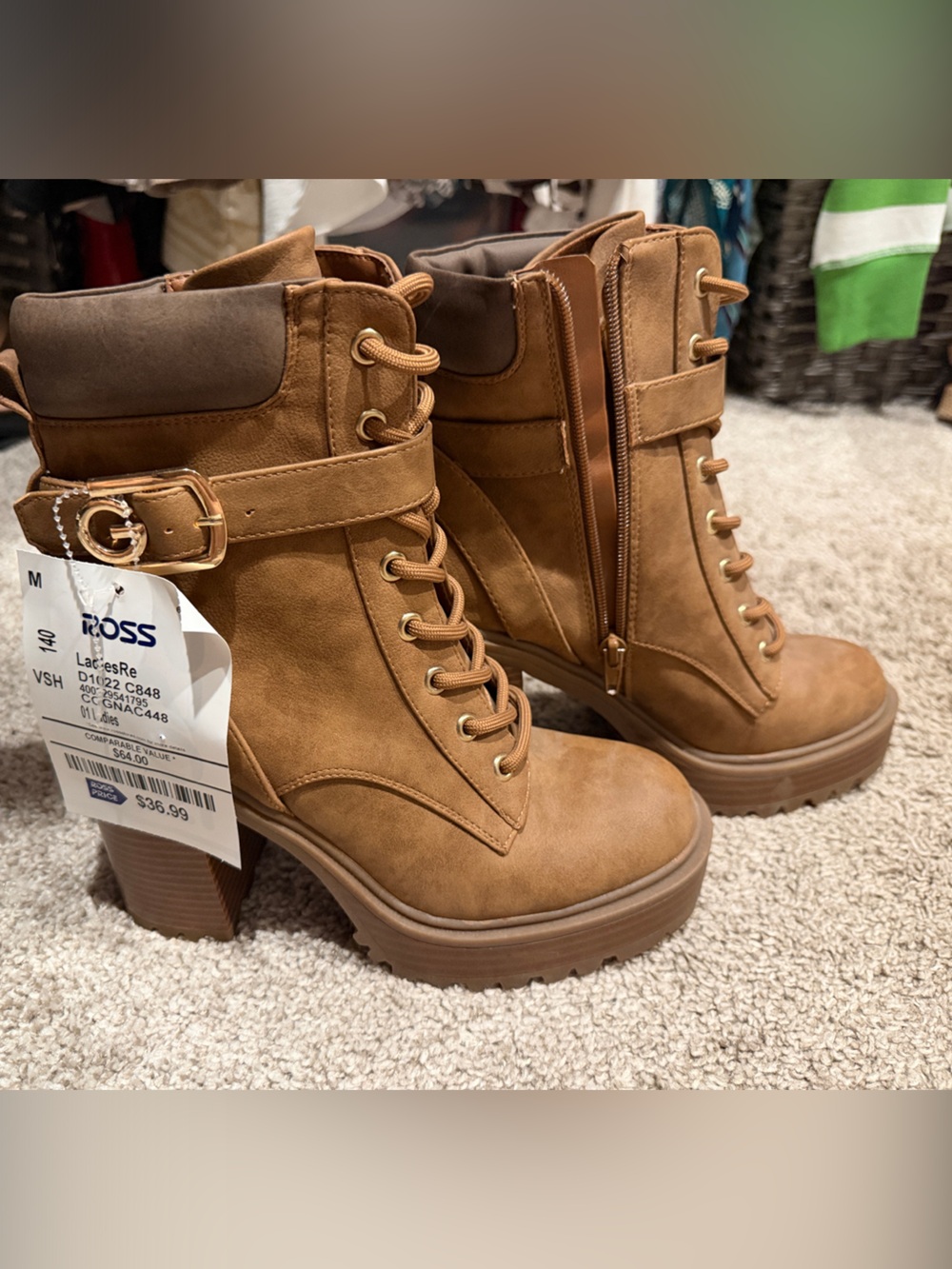 Guess Women’s Lace-Up Brown Heeled Combat Boots with Side Zip